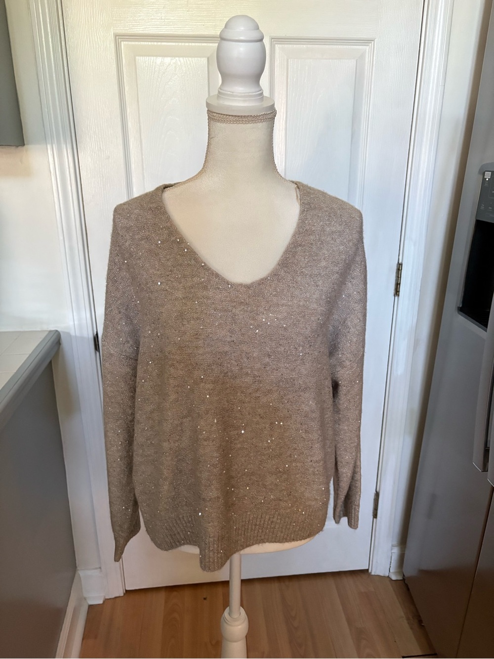 Nordstrom Beige Sequin V-Neck Sweater